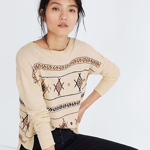 New Madewell Embroidered Reseda Pullover Sweater Cotton XS H6909 Southwestern - Picture 2 of 7